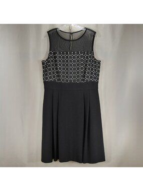 Dressbarn Womens 16 Black White Illusion Mesh Neck Midi Dress Fit & Flare A-Line
